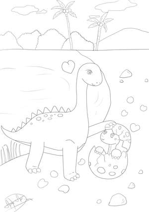 Ausmalbild- Dinosaurier Mutter und Kind